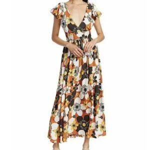Dodo Bar Or Jenny Long Dress Brown Retro Floral Maxi Size Small
